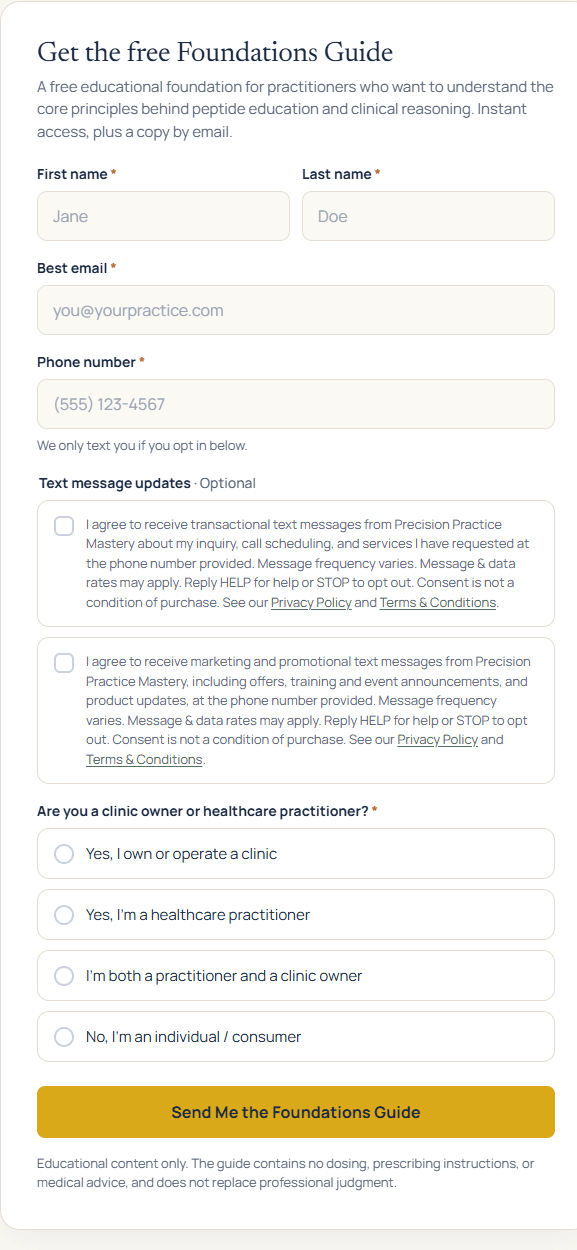 Foundations Guide form with first and last name, email, and phone number fields. Directly below the phone field are the same two unchecked, optional text message consent checkboxes, followed by the question about whether the visitor is a clinic owner or practitioner and the Send Me the Foundations Guide button.